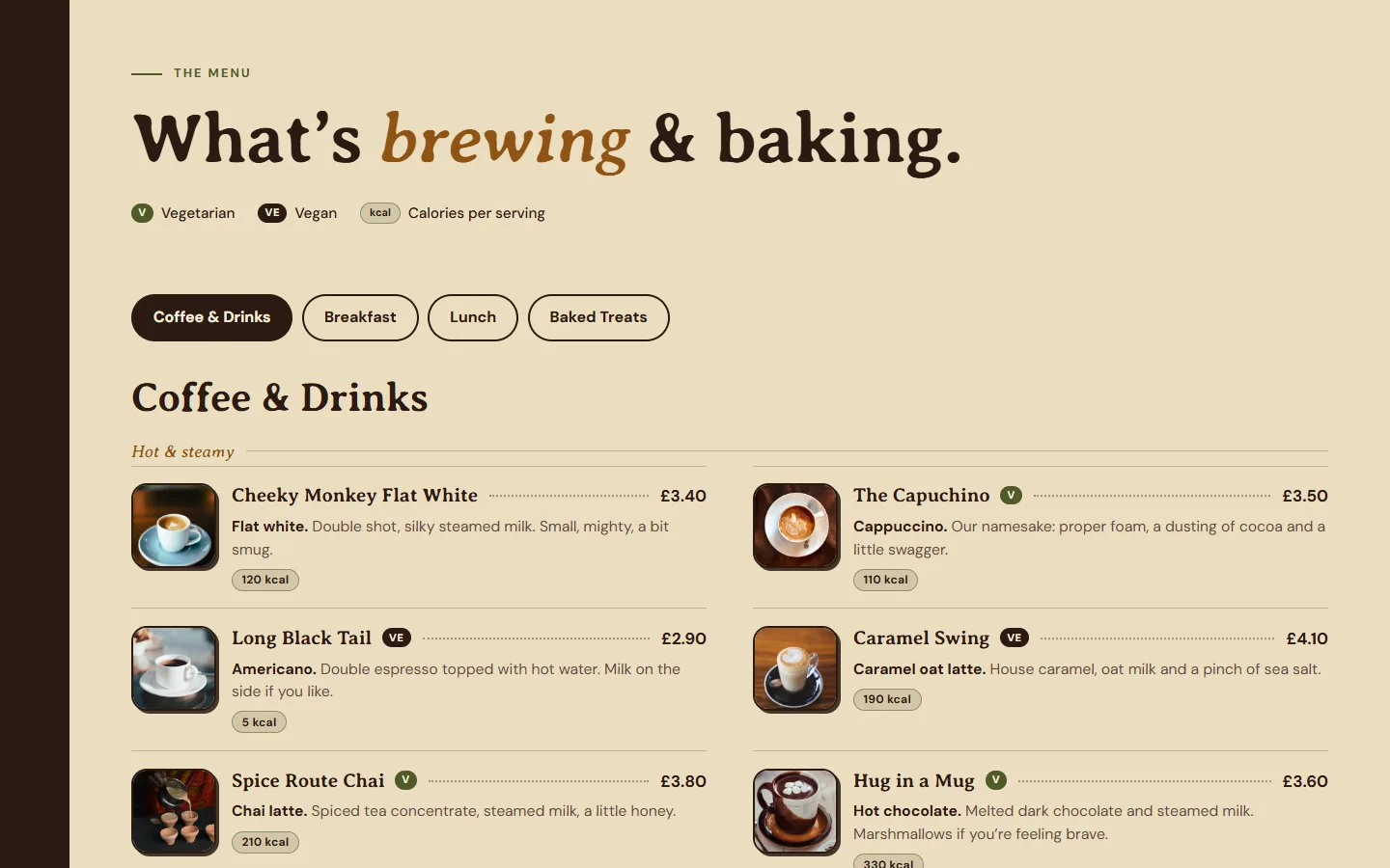 The Capuchino menu, with tabs for coffee, breakfast, lunch and baked treats, and drinks listed with prices and calories