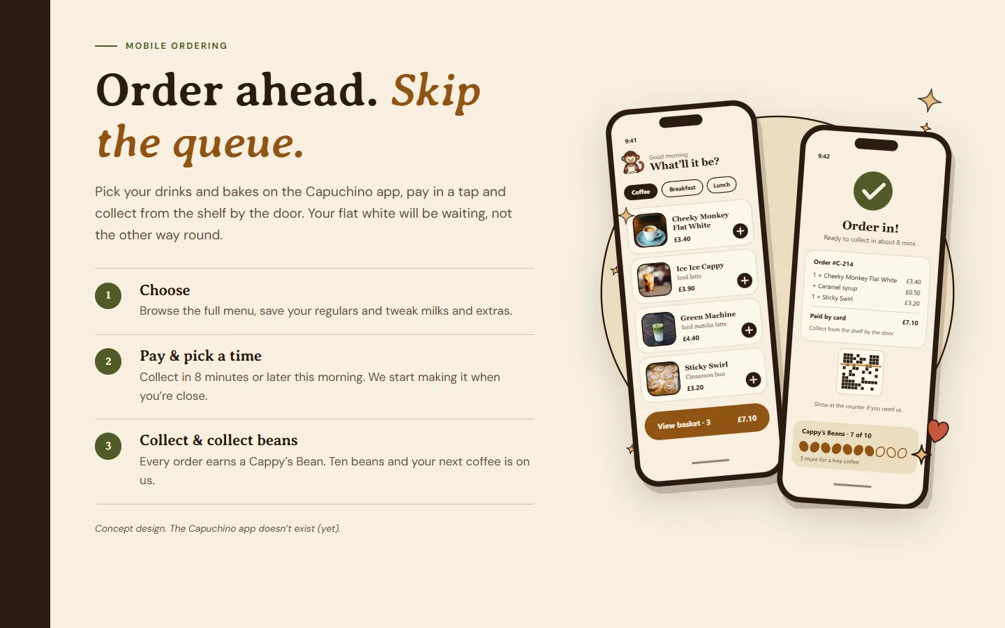 The order-ahead section, with three steps beside two phone screens of the Capuchino app concept