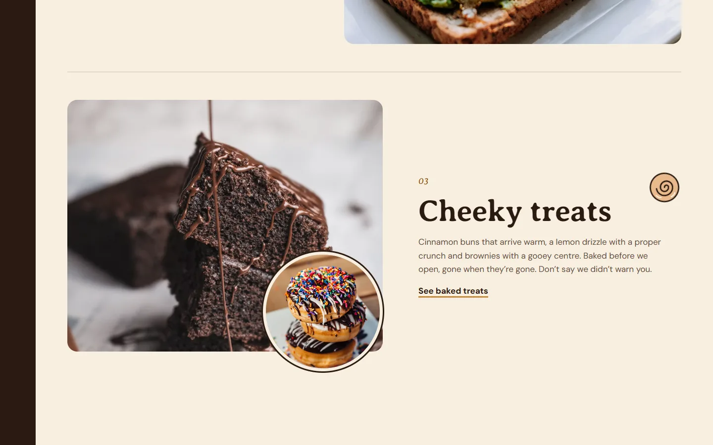 The Cheeky treats section, with a chocolate brownie and a stack of sprinkled doughnuts