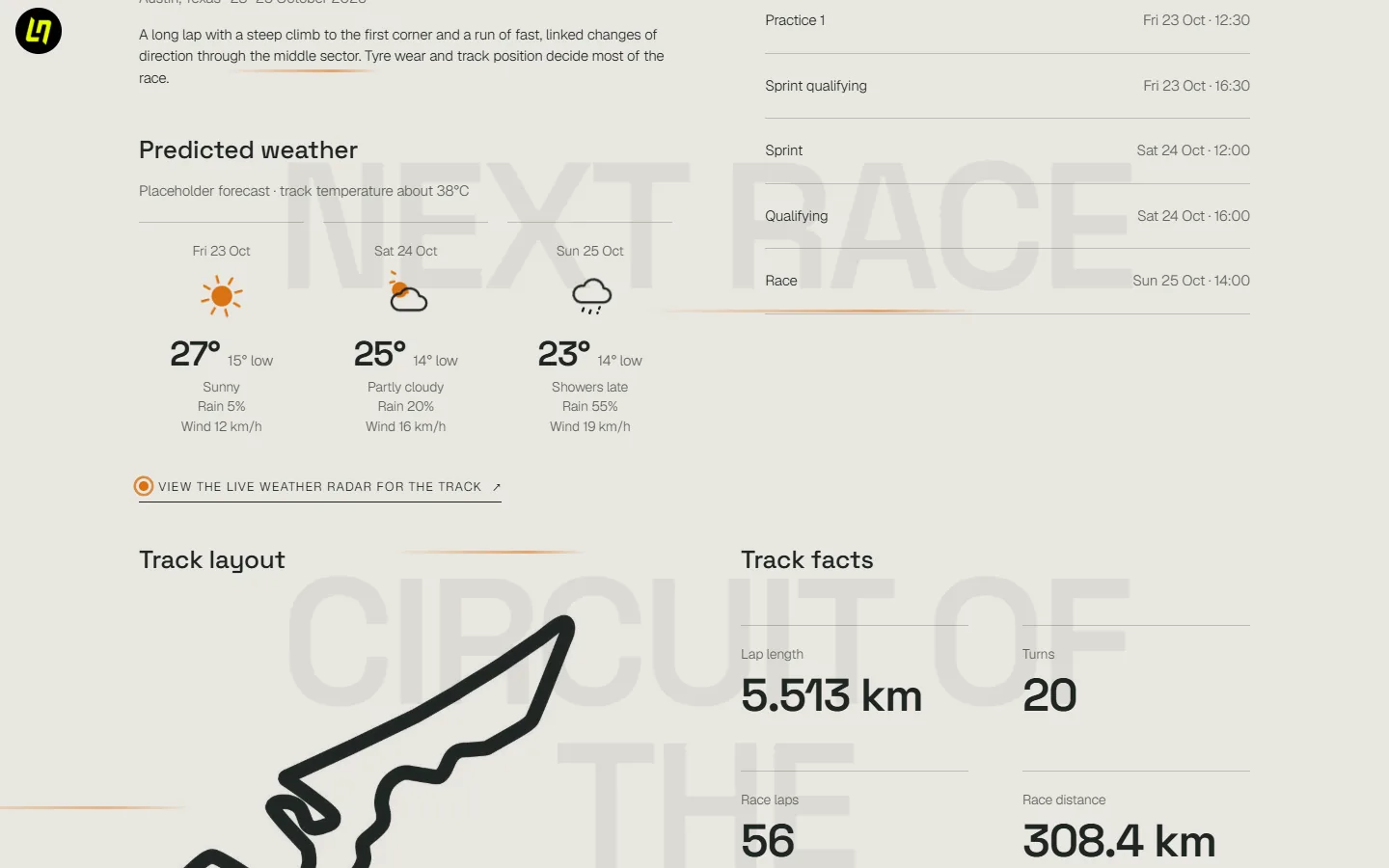 The Next race section, with the weekend schedule and a three-day weather forecast for the Circuit of the Americas
