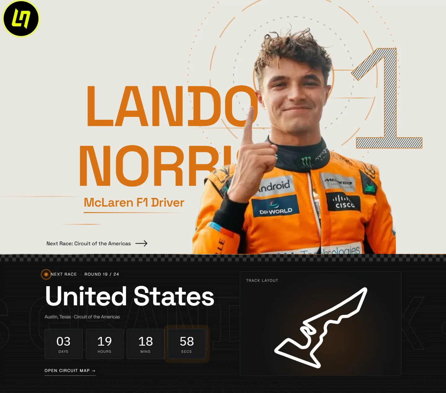 The full Lando Norris homepage, with the hero and the next race countdown strip