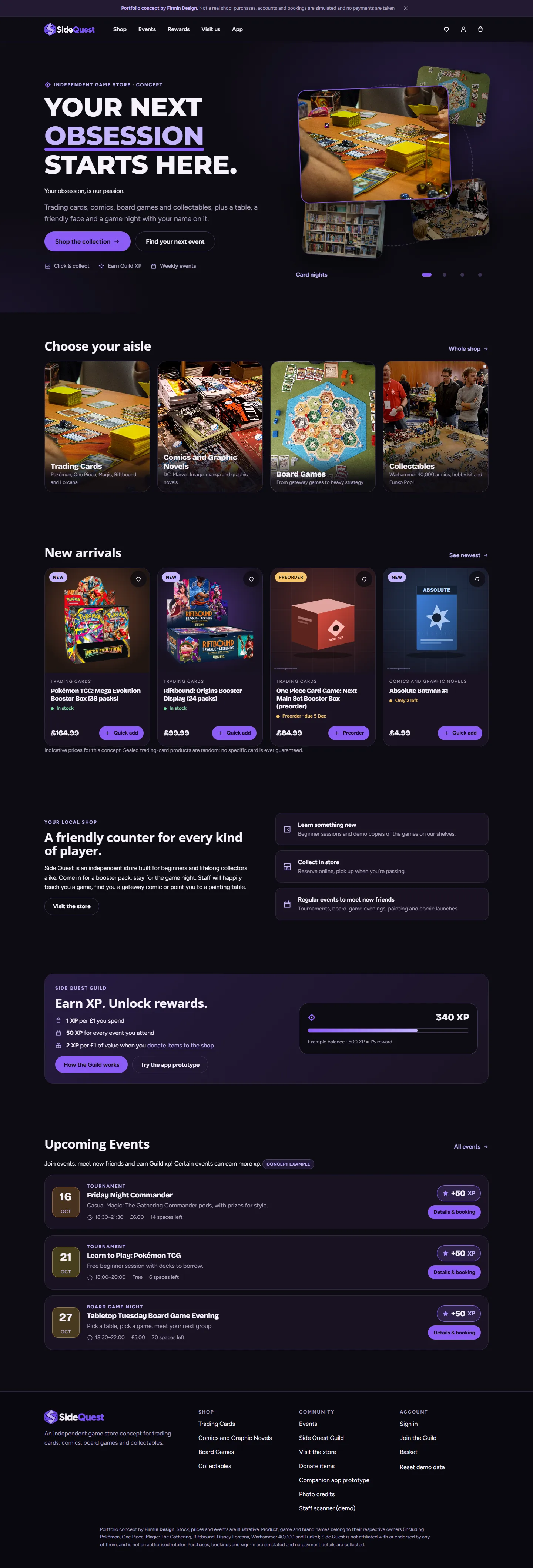 The SideQuest homepage: 'Your next obsession starts here' with a photo of a card night, aisle categories, new arrivals, events and the Guild rewards