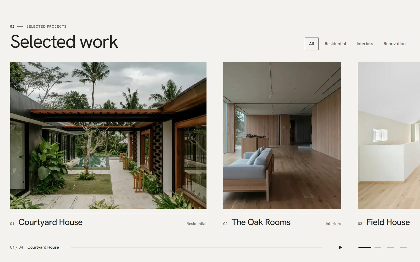 The Selected work section, with large cards for Courtyard House, The Oak Rooms and Field House, filtered by Residential, Interiors and Renovation